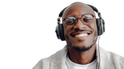 Cheerful man wearing headphones, smiling confidently, isolated on white background.