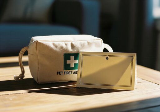 Pet first aid kit with blank paw print card on wooden table