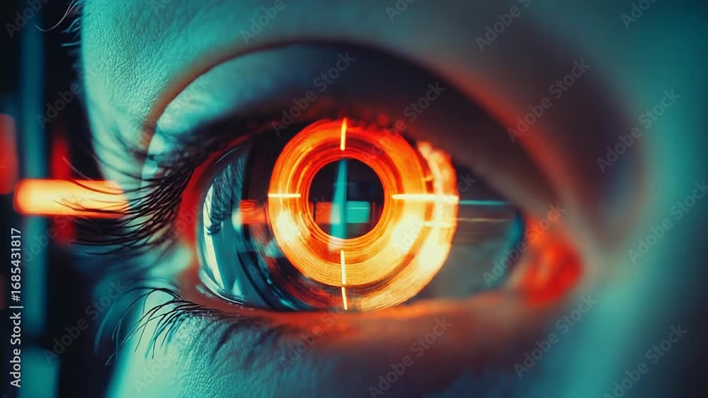 Poster futuristic bionic eye scanning with hud interface displaying data