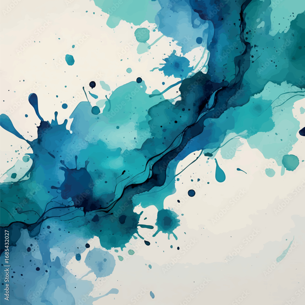 Poster Abstract Blue and Teal Watercolor Texture on Canvas. Artistic Background with Visible Canvas Grain and Natural Paint Bleeding Effect.