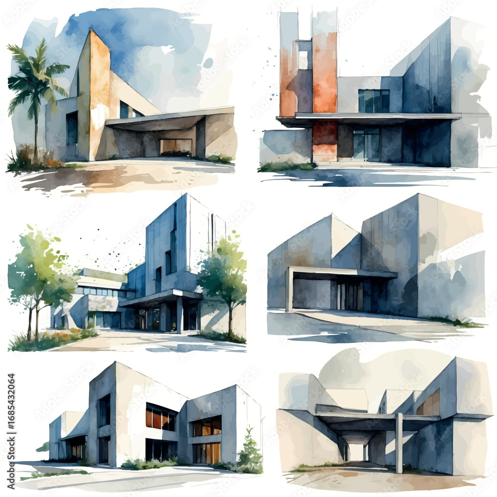 Poster Architectural Watercolor Rendering Styles - Multiple Approaches to Building Illustration