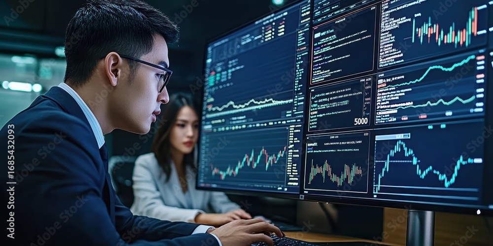Aufkleber a focused individual analyzes financial data on multiple screens, while a colleague observes, highli