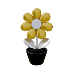 3D render golden silver daisy flower in pot icon