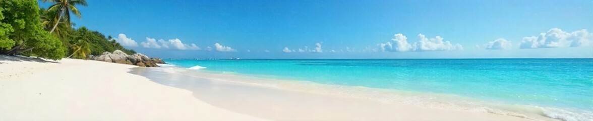 Serene horizontal panoramic view of a pristine sandy beach meeting a calm turquoise ocean under a clear blue sky Perfect for travel, vacation, or summer themes , waterfront, sunlight, tranquil