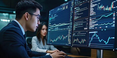 A focused individual analyzes financial data on multiple screens, while a colleague observes, highlighting a dynamic work environment.