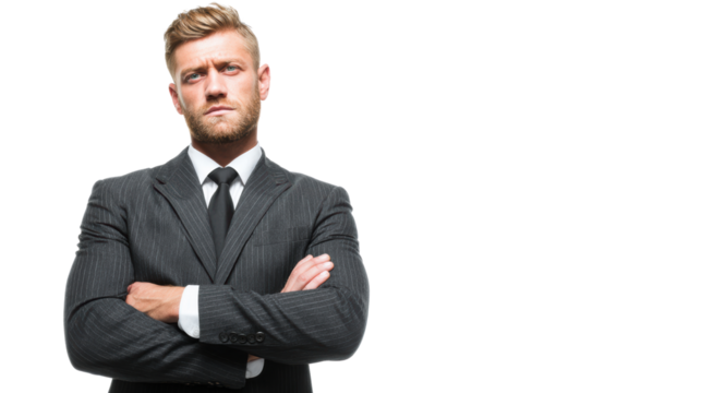 Confident businessman in a suit with arms crossed, isolated on a white background.