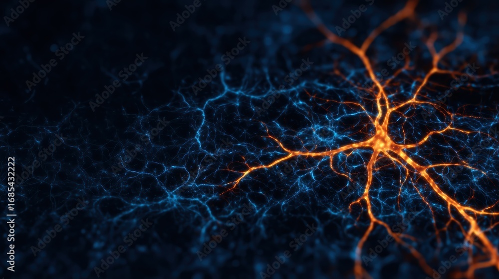 Poster a close-up, abstract image showcasing a network of blue and orange neural connections on a dark back