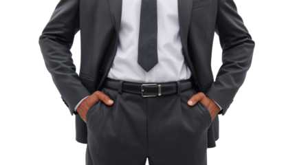 Confident man in suit with hands in pockets, isolated on white background.