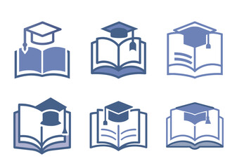 Collection of graduation cap icons on open books, symbolizing education and learning