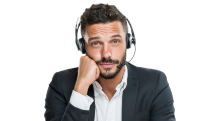 Confident man in suit with headset, looking thoughtful and engaged, on white isolated background.
