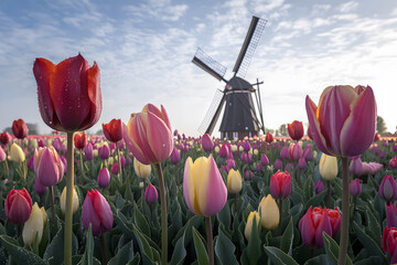 Vibrant Tulip Field with Dutch Windmill in Springtime. AI Generated