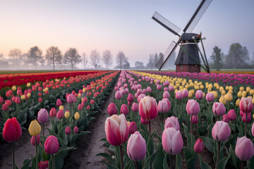 A picturesque field of colorful tulips in various shades of pink, red, and yellow, bathed in the soft light of a misty sunrise. AI Generated