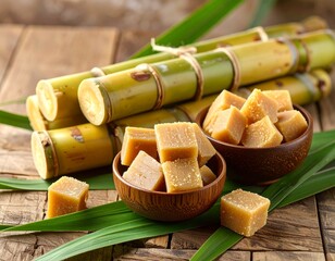 Sugarcane with bowl of jaggery blocks