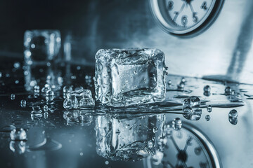 Ice cube melting with water droplets and a clock, reflecting coolness and time. AI Generated