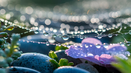 Dewdrops on a spiderweb, showcasing a delicate flower. AI Generated