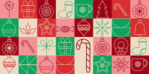 Christmas geometric seamless pattern with holiday icons. Modern minimal line art print. Contemporary abstract background for wrapping paper, background, wallpaper.