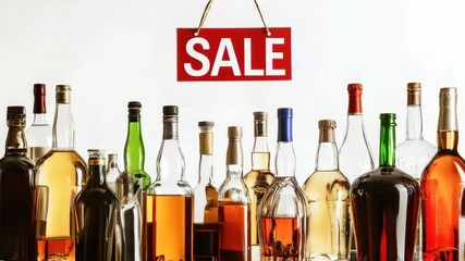 Vibrant array of assorted bottles under sale signs: alcoholic beverage discounts in action