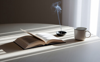 Open Book, Incense, and Coffee Cup: A Peaceful Reading Setting. AI Generated