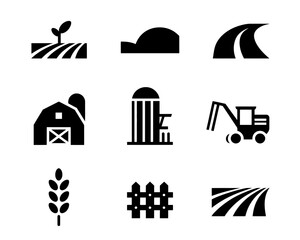 Set of 9 black and white minimalist farm icons vector graphics for agriculture and rural themes vector