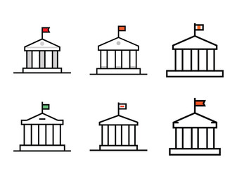 Set of six simplified building icon designs with flags on top