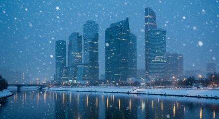Fototapeta premium Snowy Evening in the City A Winter View of Modern Skyscrapers and Reflections