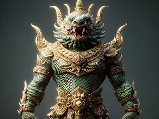Fototapeta premium Intricate sculpture of a mythical beast showcasing elaborate details and vibrant colors, symbolizing strength and protection.