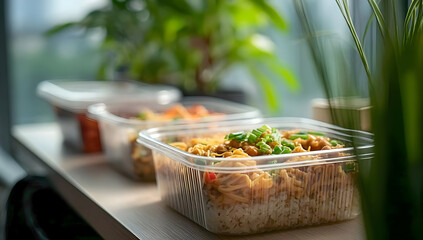 Delicious meal prep containers filled with colorful ingredients, perfect for a healthy lifestyle and convenient dining options.