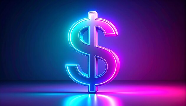 Vibrant neon dollar sign with glowing reflections