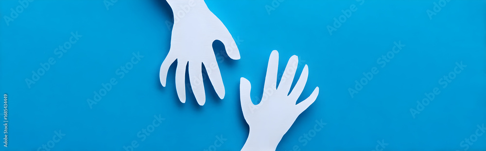 Poster two paper hands reaching out in a gesture of connection and support, symbolizing compassion and comm