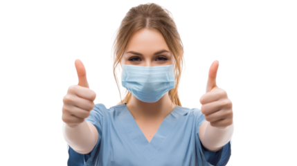 Healthcare worker in scrubs giving thumbs up with a mask, symbolizing positivity and dedication.