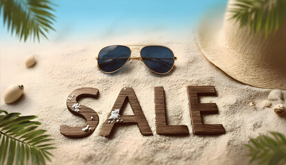 Enjoy summer vibes with sunglasses and a hat on sandy beach, highlighting seasonal sale offers.
