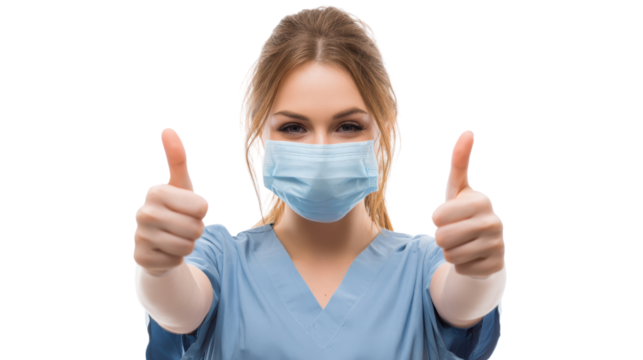 Healthcare worker in scrubs giving thumbs up with a mask, symbolizing positivity and dedication.