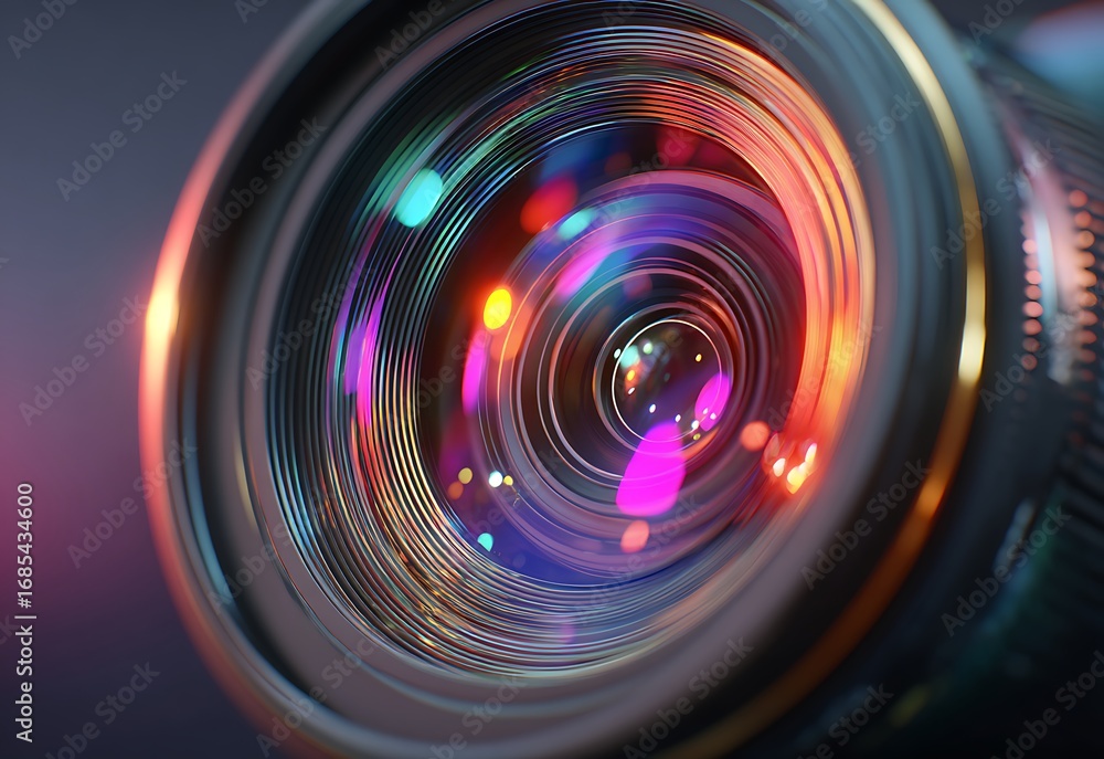 Poster close-up of a camera lens with colorful bokeh effects.