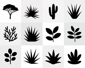 Minimalist 4x4 grid silhouette collection of diverse plant illustrations vector vector