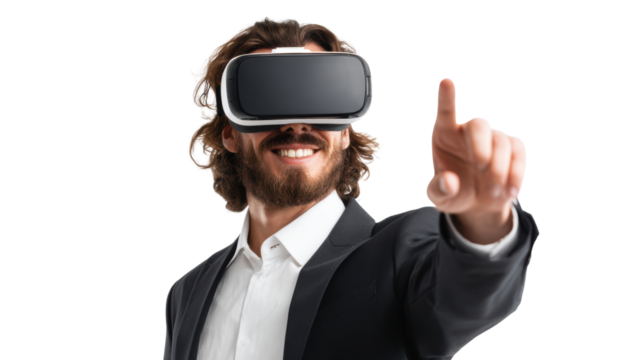 Man in virtual reality headset gestures with hand while smiling, isolated on white background.
