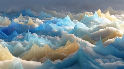 Abstract Digital Art of Colorful Mountain Peaks Over Clouds Background