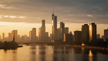 Obraz premium Frankfurt skyline illuminated by a warm sunrise, reflecting on the calm river, showcasing modern skyscrapers