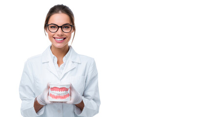 Smiling female dentist holds dental model demonstrating oral care with white background.