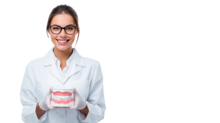 Smiling female dentist holds dental model demonstrating oral care with white background.