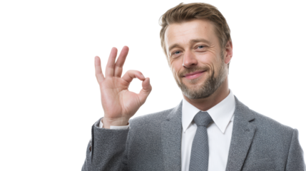 Smiling businessman in a suit making an OK gesture, white isolated background.
