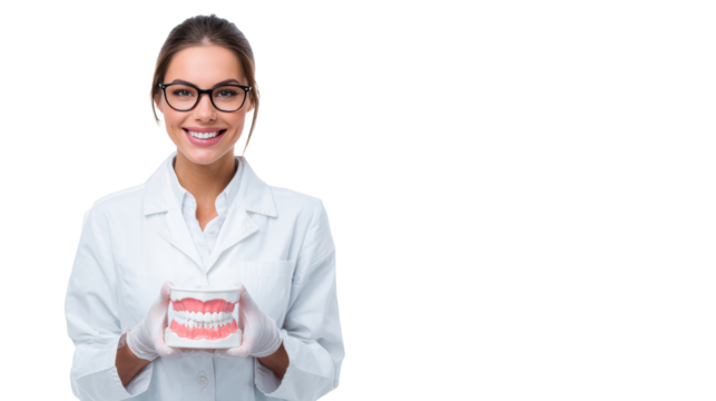 Smiling female dentist holds dental model demonstrating oral care with white background.