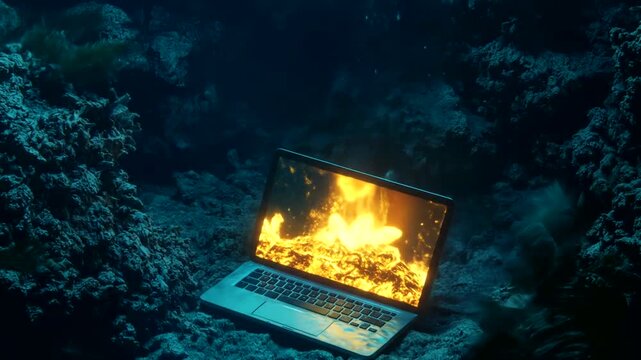 A laptop ablaze rests on the seabed, surrounded by underwater flora and fauna.