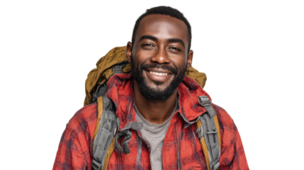 Smiling man with a backpack wearing a plaid shirt, ready for outdoor adventure, isolated on white background.