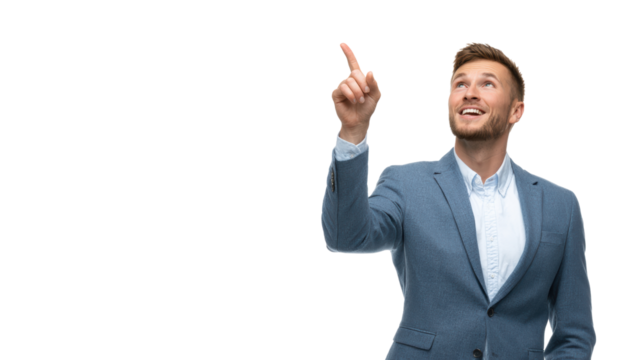 Smiling man in suit pointing upwards, expressing positivity and inspiration.