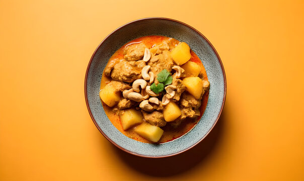 Delicious, savory curry with potatoes and cashews, served in a stylish bowl against a vibrant orange background.