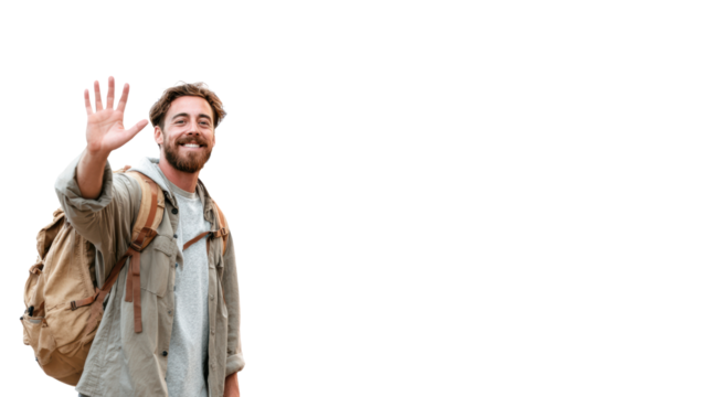 Smiling traveler waving hello with a backpack on a white isolated background.