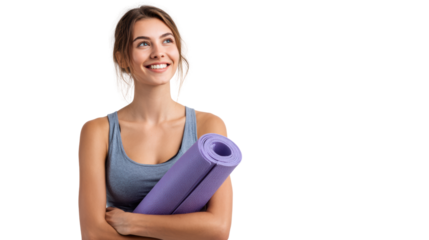 Smiling woman holding yoga mat, ready for exercise, positive energy, isolated on white background