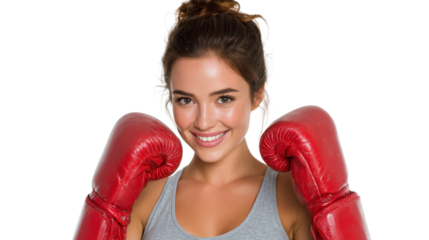 Smiling woman in boxing gloves, ready for a challenge, white isolated background.