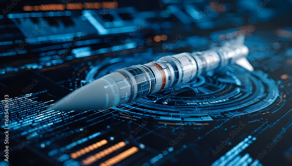 Aufkleber futuristic rocket design with digital interface elements, showcasing advanced technology and innovat