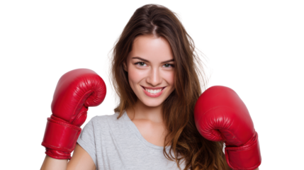 Smiling woman wearing red boxing gloves, ready for a workout or competition, isolated on white background.
